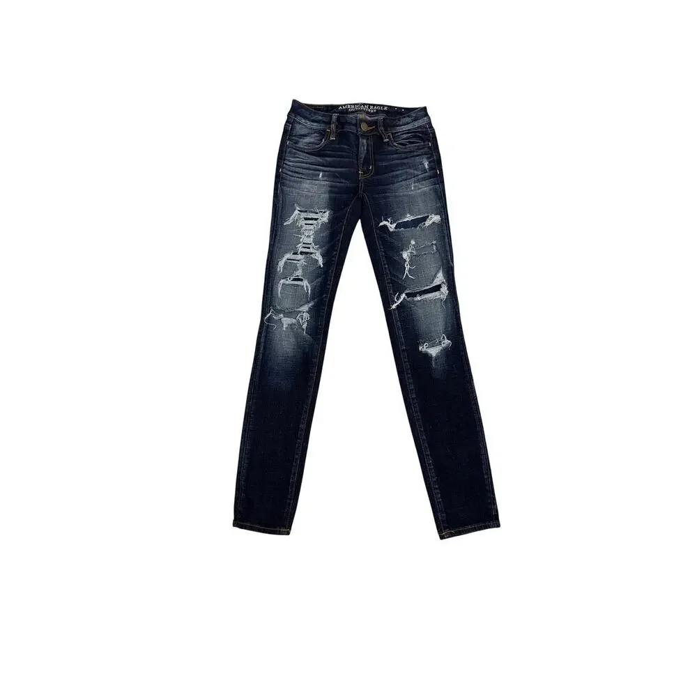 American Eagle Distressed Denim Blue Skinny Jegging Jeans Size 00